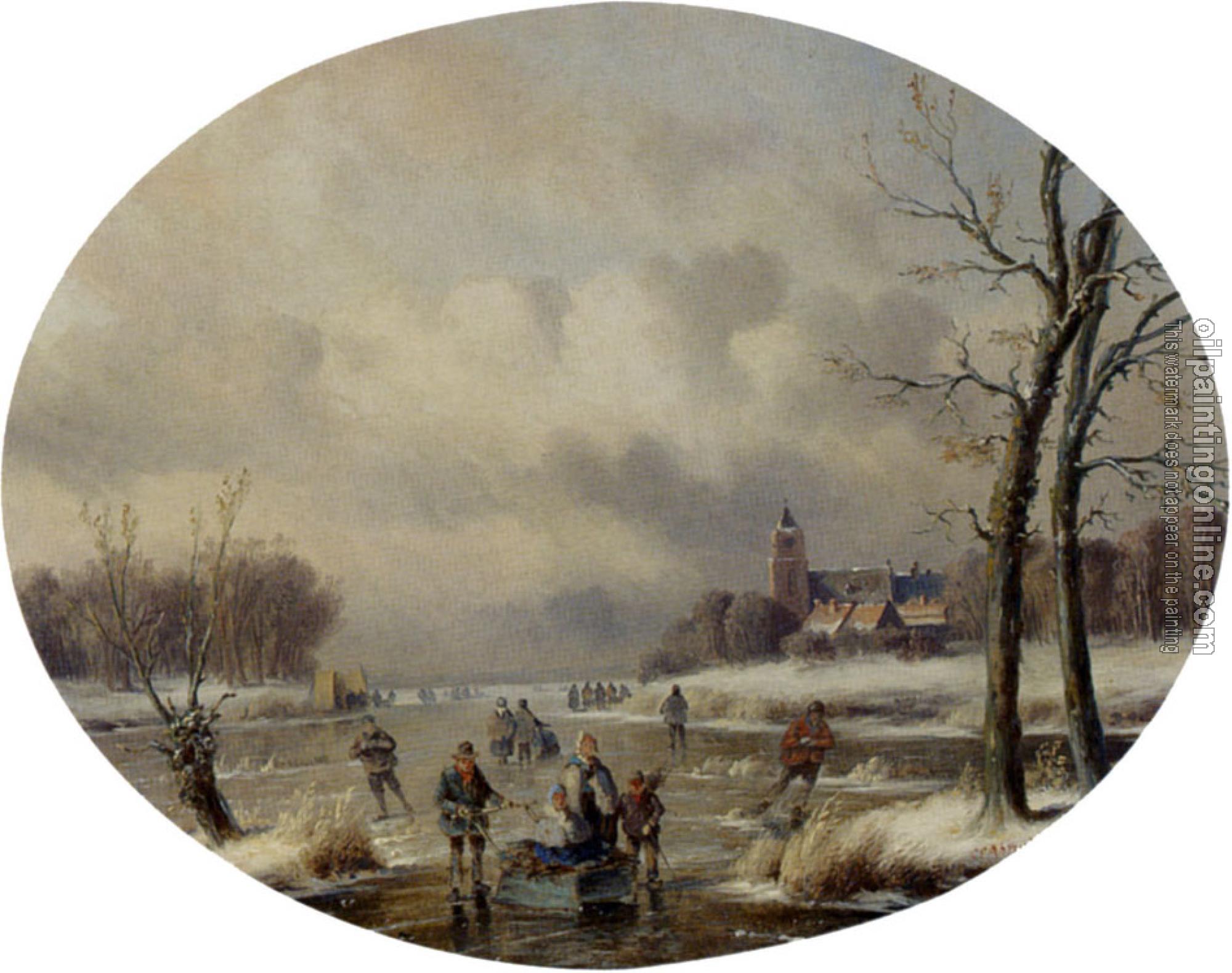 Ahrendts, Carl Eduard - Skaters On A Frozen Waterway, A 'Koek En Zopie' In The Distance